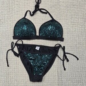 Venus Teal Sequin Padded Bikini Top C & Matching Tie Bottoms‎ 6